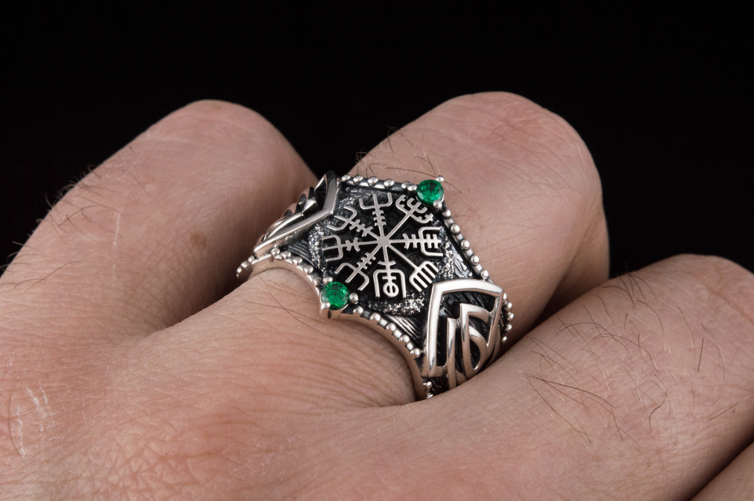 Vegvisir Symbol with Norse Ornament and CZ Sterling Silver Viking Ring - vikingworkshop