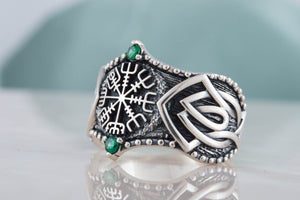 Vegvisir Symbol with Norse Ornament and CZ Sterling Silver Viking Ring - vikingworkshop