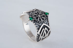 Vegvisir Symbol with Norse Ornament and CZ Sterling Silver Viking Ring - vikingworkshop