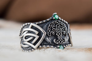 Yggdrasil Symbol with Norse Ornament Sterling Silver Viking Ring - vikingworkshop