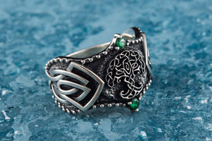 Yggdrasil Symbol with Norse Ornament Sterling Silver Viking Ring - vikingworkshop