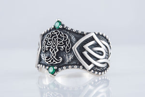 Yggdrasil Symbol with Norse Ornament Sterling Silver Viking Ring - vikingworkshop