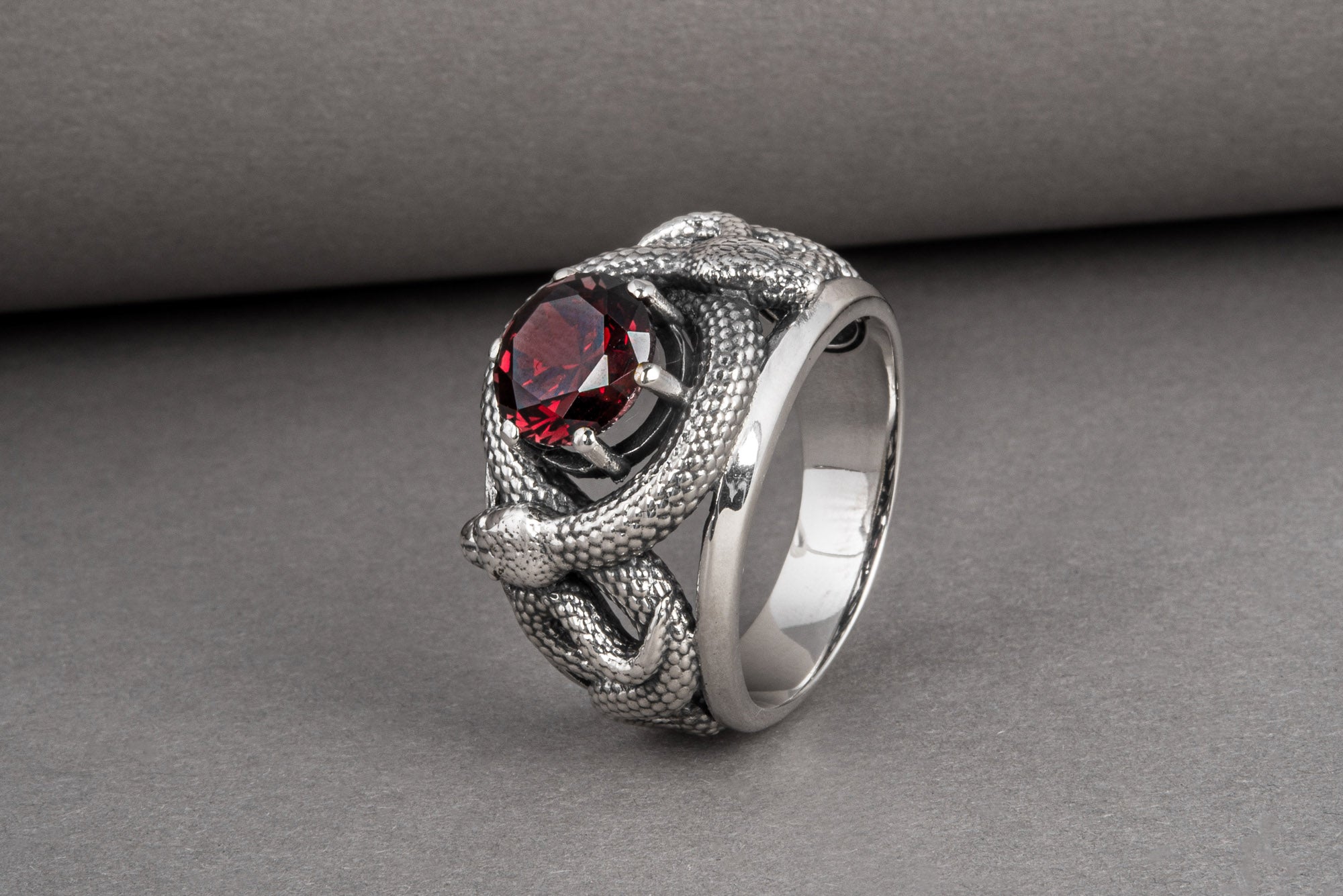 Sterling silver Snakes nest ring with big red gem, unique handcrafted ring - vikingworkshop