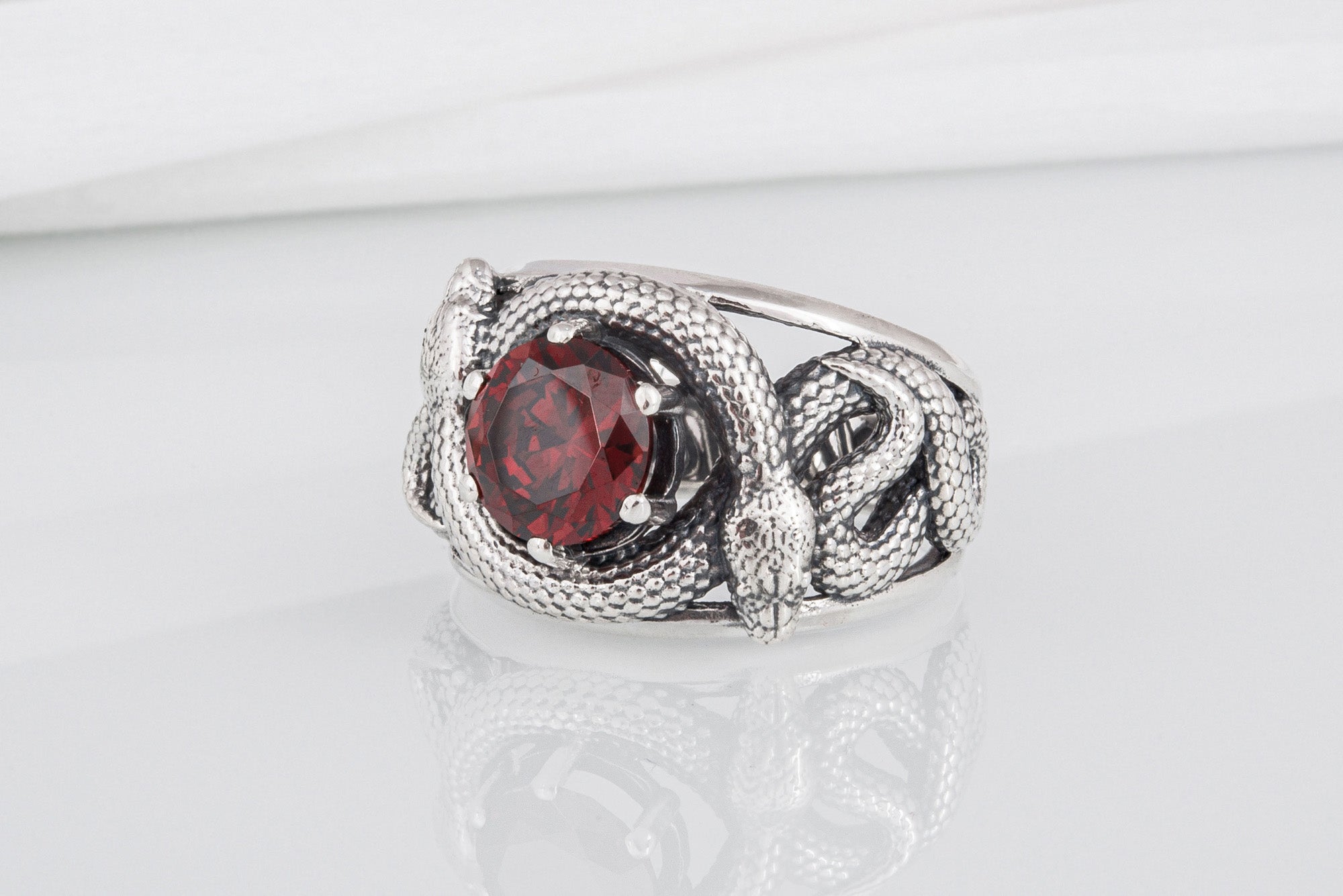 Sterling silver Snakes nest ring with big red gem, unique handcrafted ring