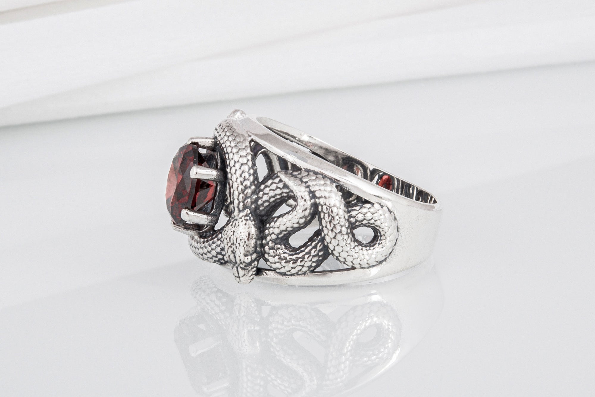 Sterling silver Snakes nest ring with big red gem, unique handcrafted ring - vikingworkshop