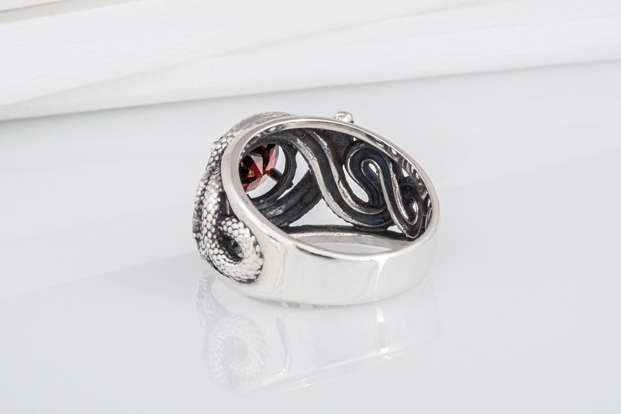 Sterling silver Snakes nest ring with big red gem, unique handcrafted ring - vikingworkshop