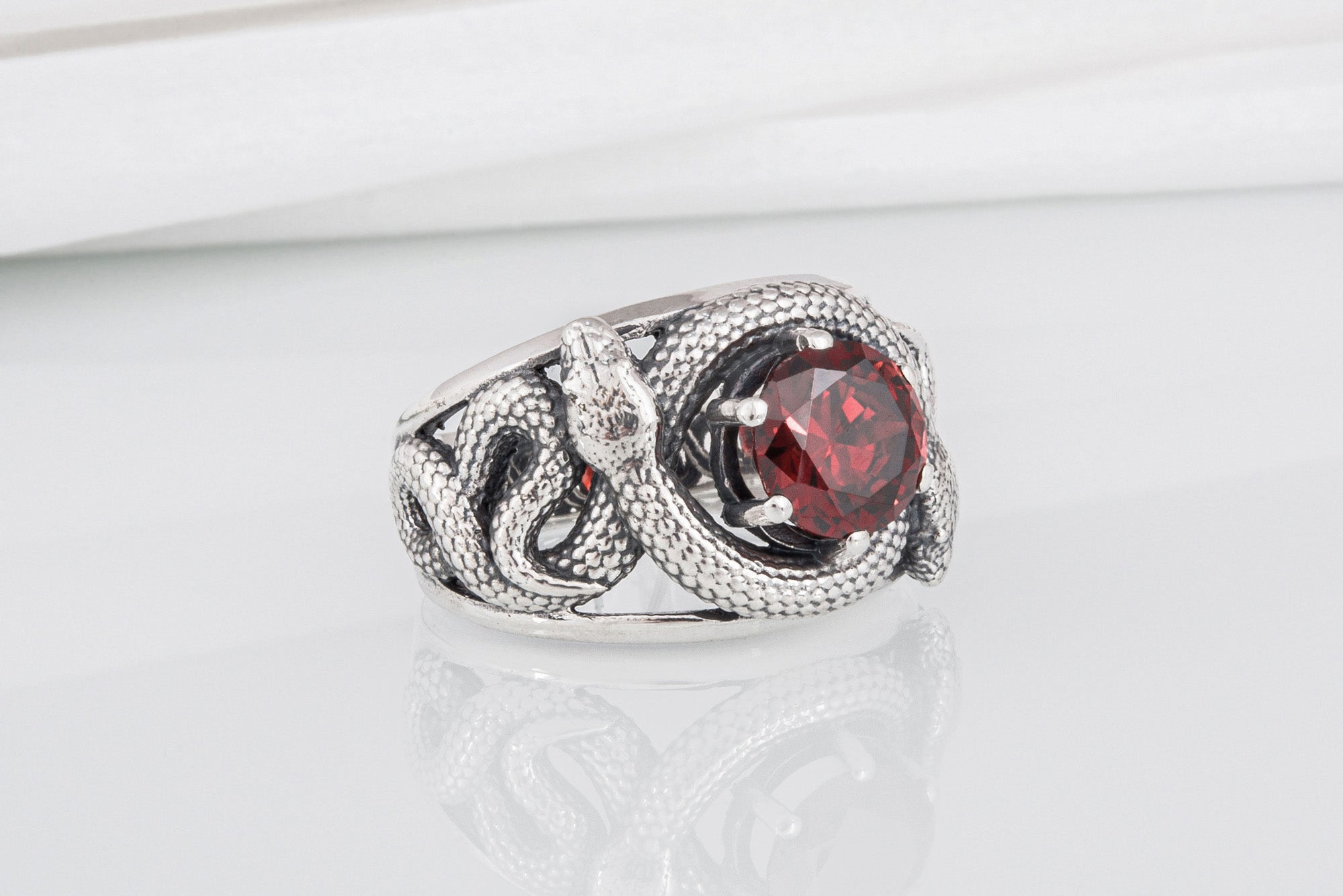 Sterling silver Snakes nest ring with big red gem, unique handcrafted ring - vikingworkshop