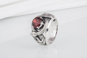 Sterling silver Snakes nest ring with big red gem, unique handcrafted ring - vikingworkshop