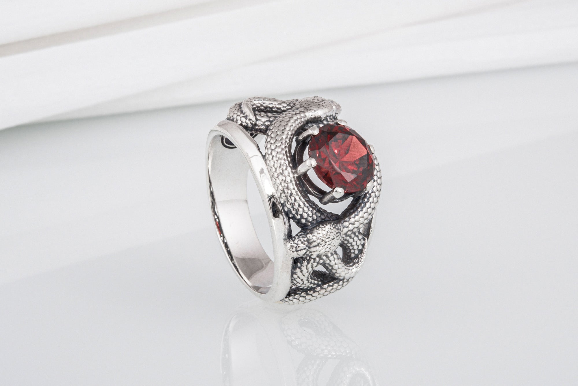 Sterling silver Snakes nest ring with big red gem, unique handcrafted ring - vikingworkshop