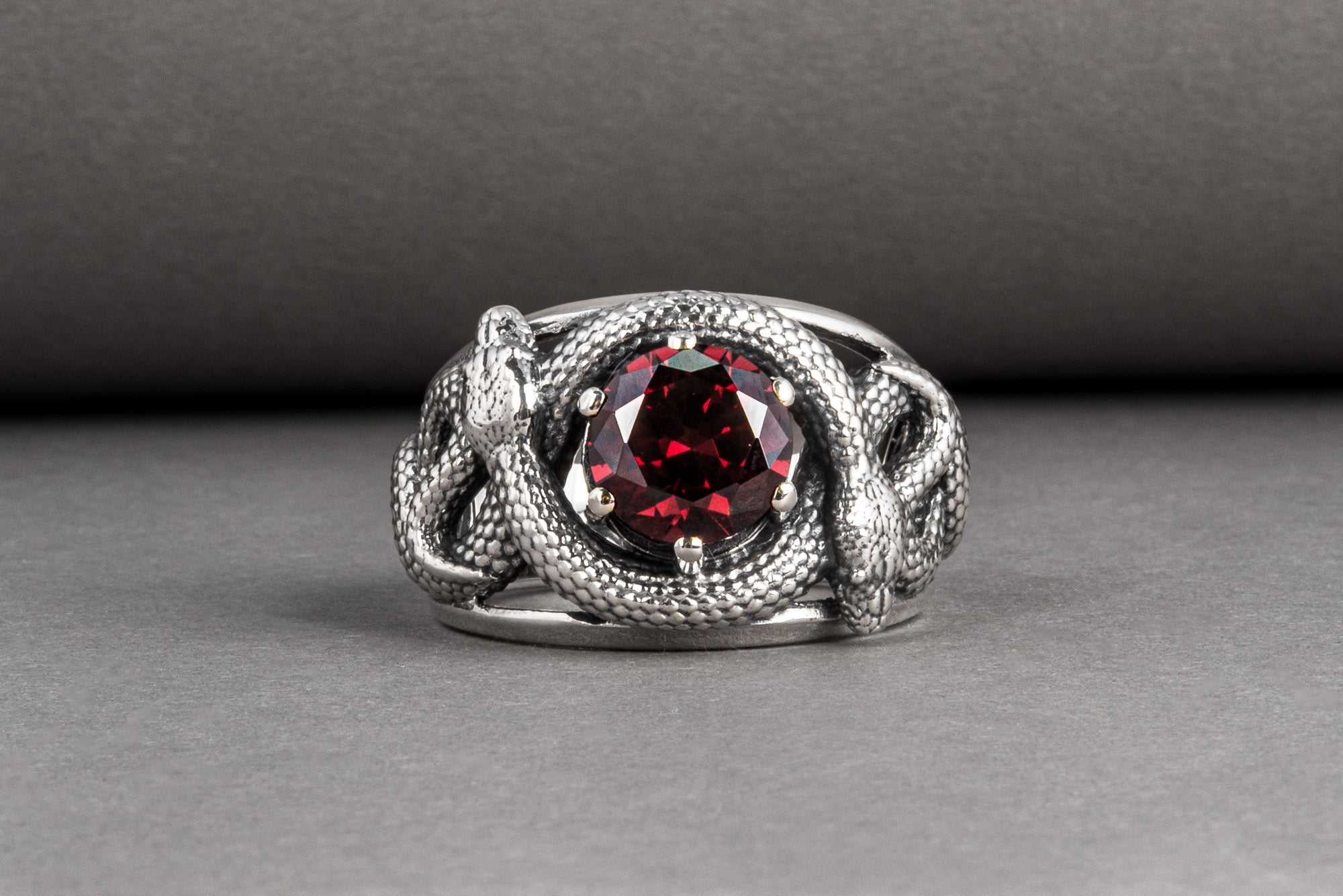 Sterling silver Snakes nest ring with big red gem, unique handcrafted ring - vikingworkshop