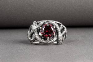 Sterling silver Snakes nest ring with big red gem, unique handcrafted ring - vikingworkshop