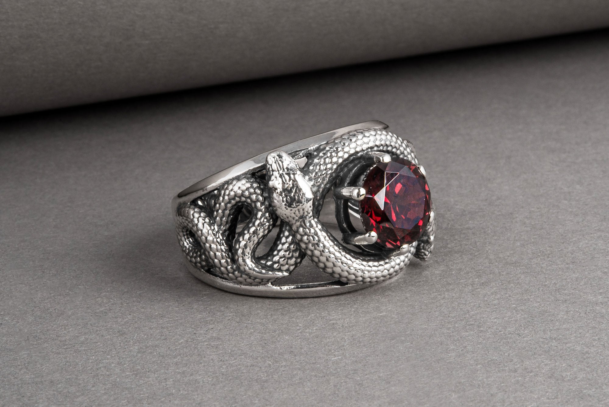 Sterling silver Snakes nest ring with big red gem, unique handcrafted ring - vikingworkshop