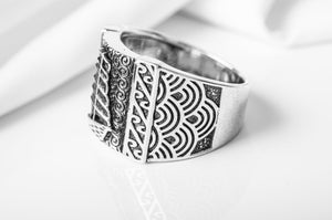 925 Silver Ring with Ship and Waves ornament, Unique handcrafted Sailor Jewelry - vikingworkshop