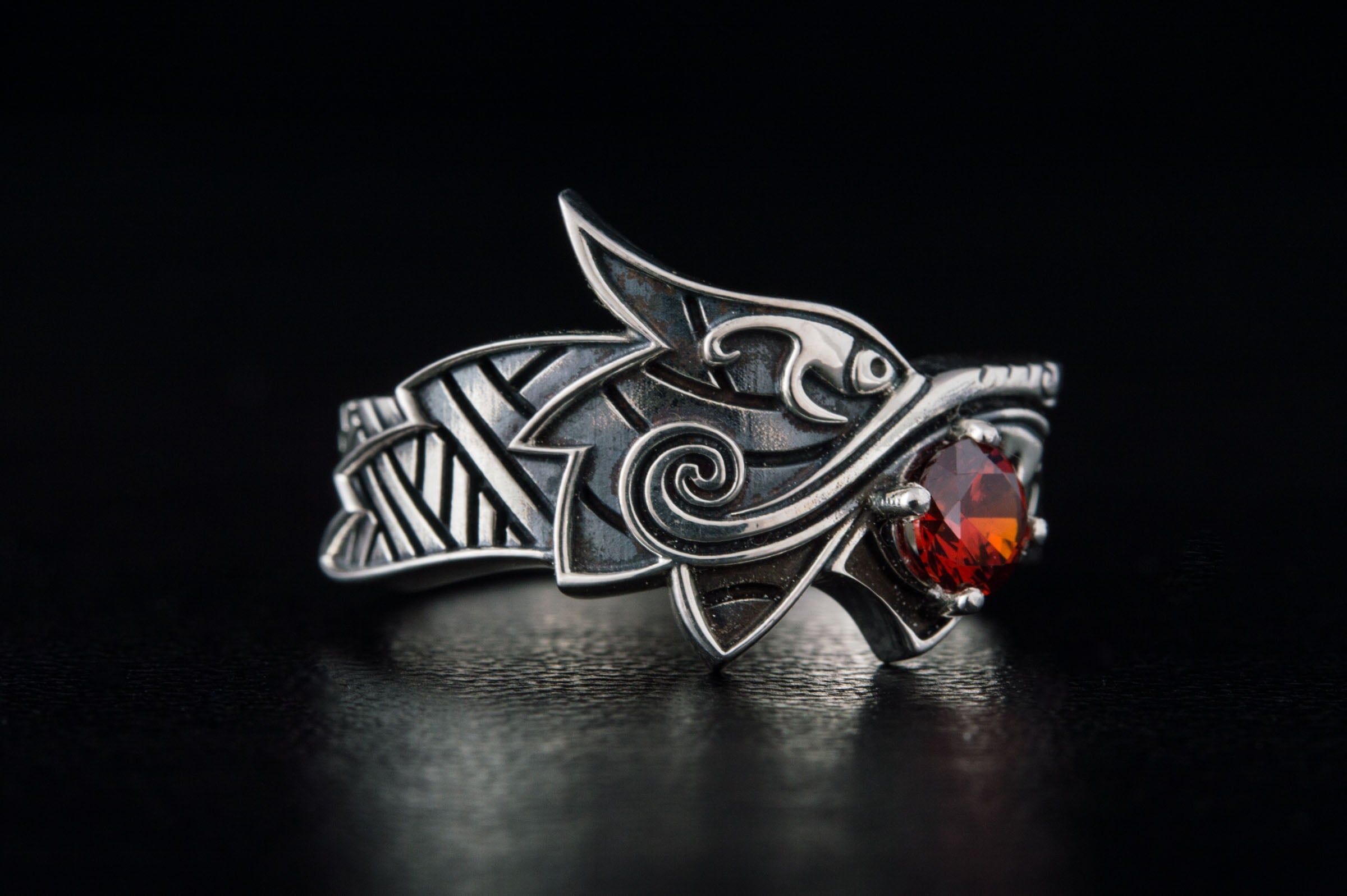 Fenrir Ring with Gem Sterling Silver Unique Norse Jewelry - vikingworkshop