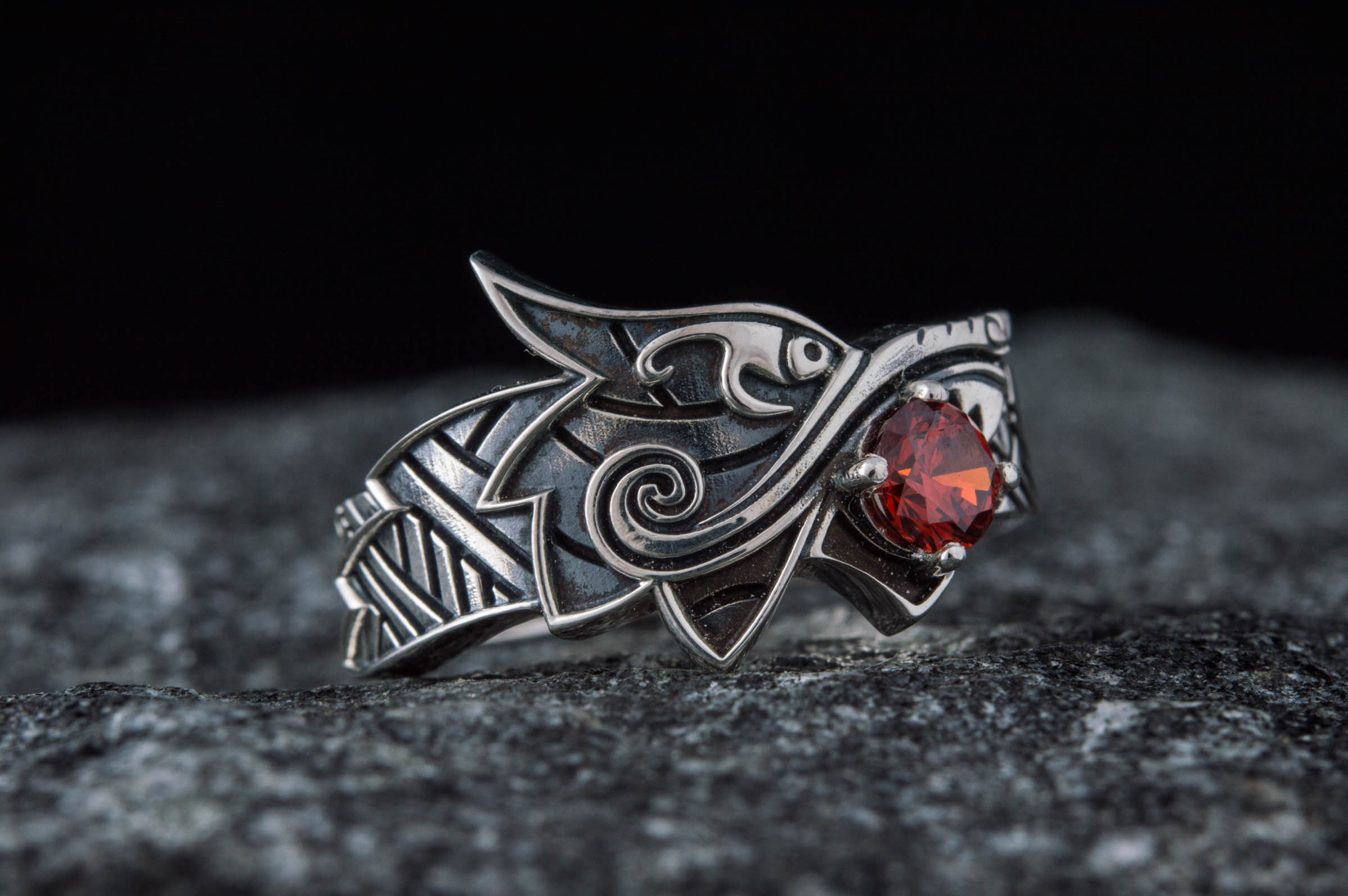 Fenrir Ring with Gem Sterling Silver Unique Norse Jewelry - vikingworkshop