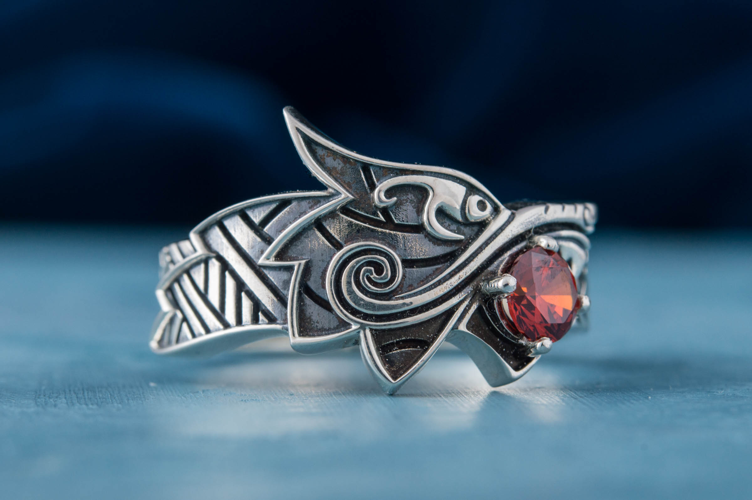 Fenrir Ring with Gem Sterling Silver Unique Norse Jewelry - vikingworkshop