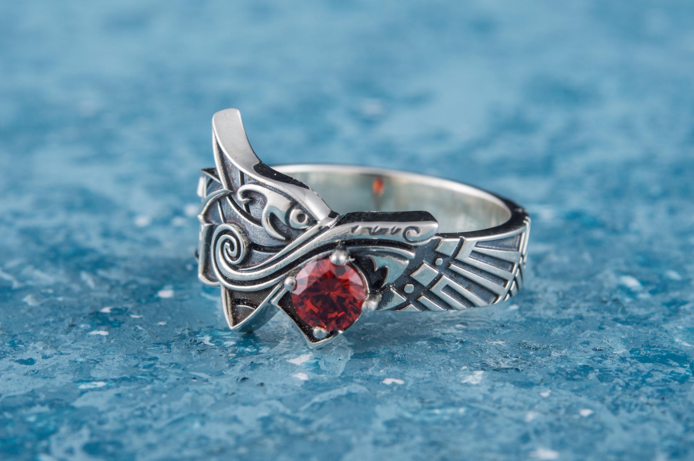 Fenrir Ring with Gem Sterling Silver Unique Norse Jewelry - vikingworkshop