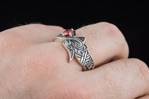 Fenrir Ring with Gem Sterling Silver Unique Norse Jewelry - vikingworkshop