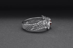 950 Platinum Fenrir Ring with Gem, Unique Norse Jewelry - vikingworkshop