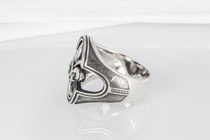 925 Silver fashion Ring with Fleur-de-lis, the Heraldic lily and Green Gem, Unique Handmade Jewelry - vikingworkshop