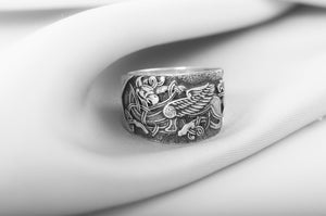 925 Silver Viking ring with Raven and Celtic ornament, Unique Handmade Jewelry - vikingworkshop