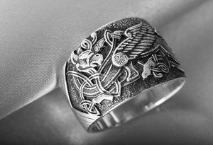 925 Silver Viking ring with Raven and Celtic ornament, Unique Handmade Jewelry - vikingworkshop