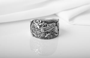 925 Silver Viking ring with Raven and Celtic ornament, Unique Handmade Jewelry - vikingworkshop