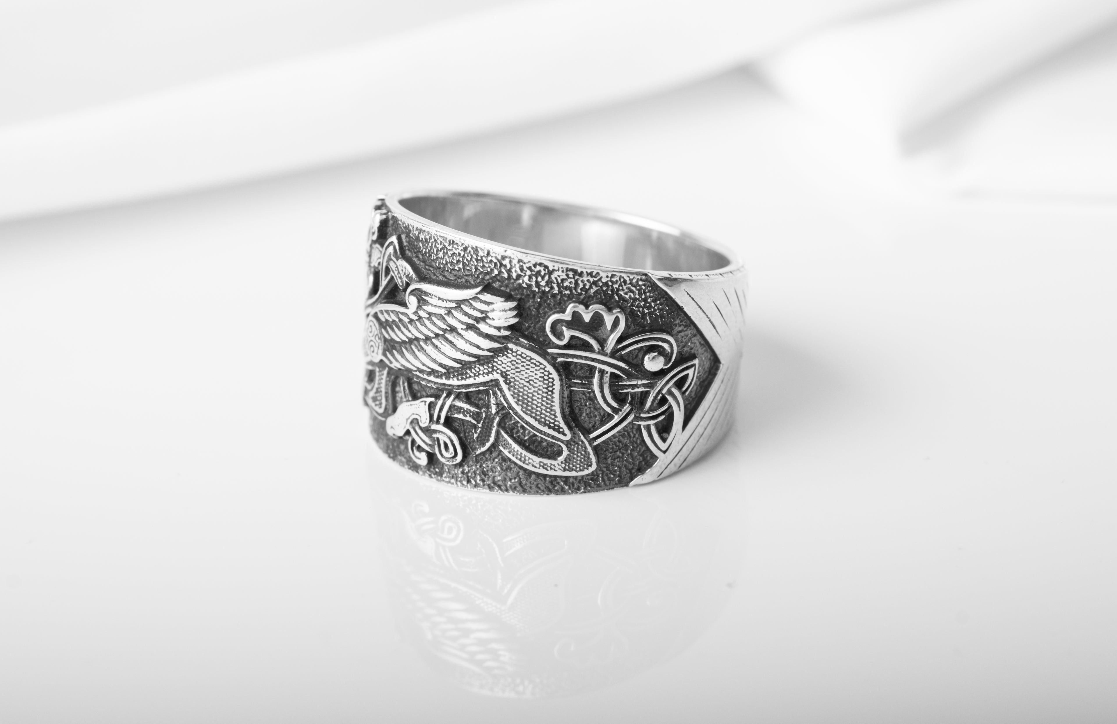 925 Silver Viking ring with Raven and Celtic ornament, Unique Handmade Jewelry - vikingworkshop