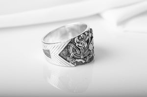 925 Silver Viking ring with Raven and Celtic ornament, Unique Handmade Jewelry - vikingworkshop