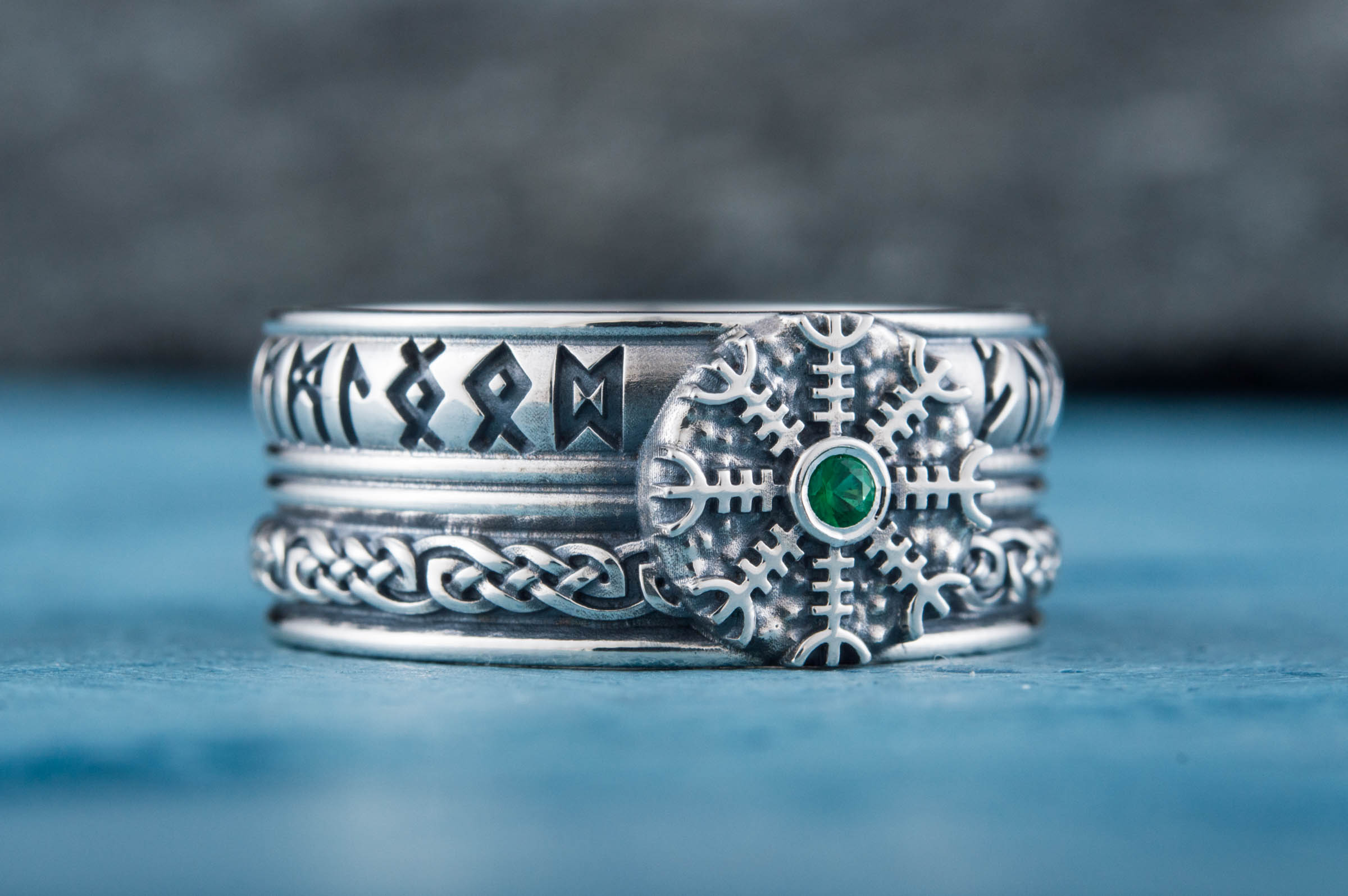 Helm of Awe Symbol with Runes Ornament and CZ Sterling Silver Viking Ring - vikingworkshop