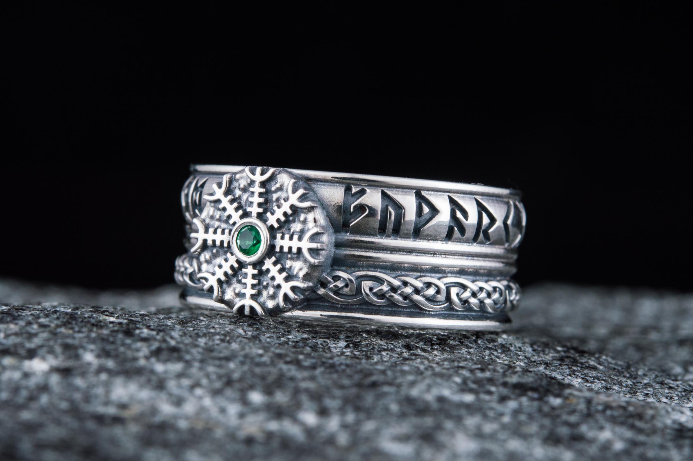 Helm of Awe Symbol with Runes Ornament and CZ Sterling Silver Viking Ring - vikingworkshop