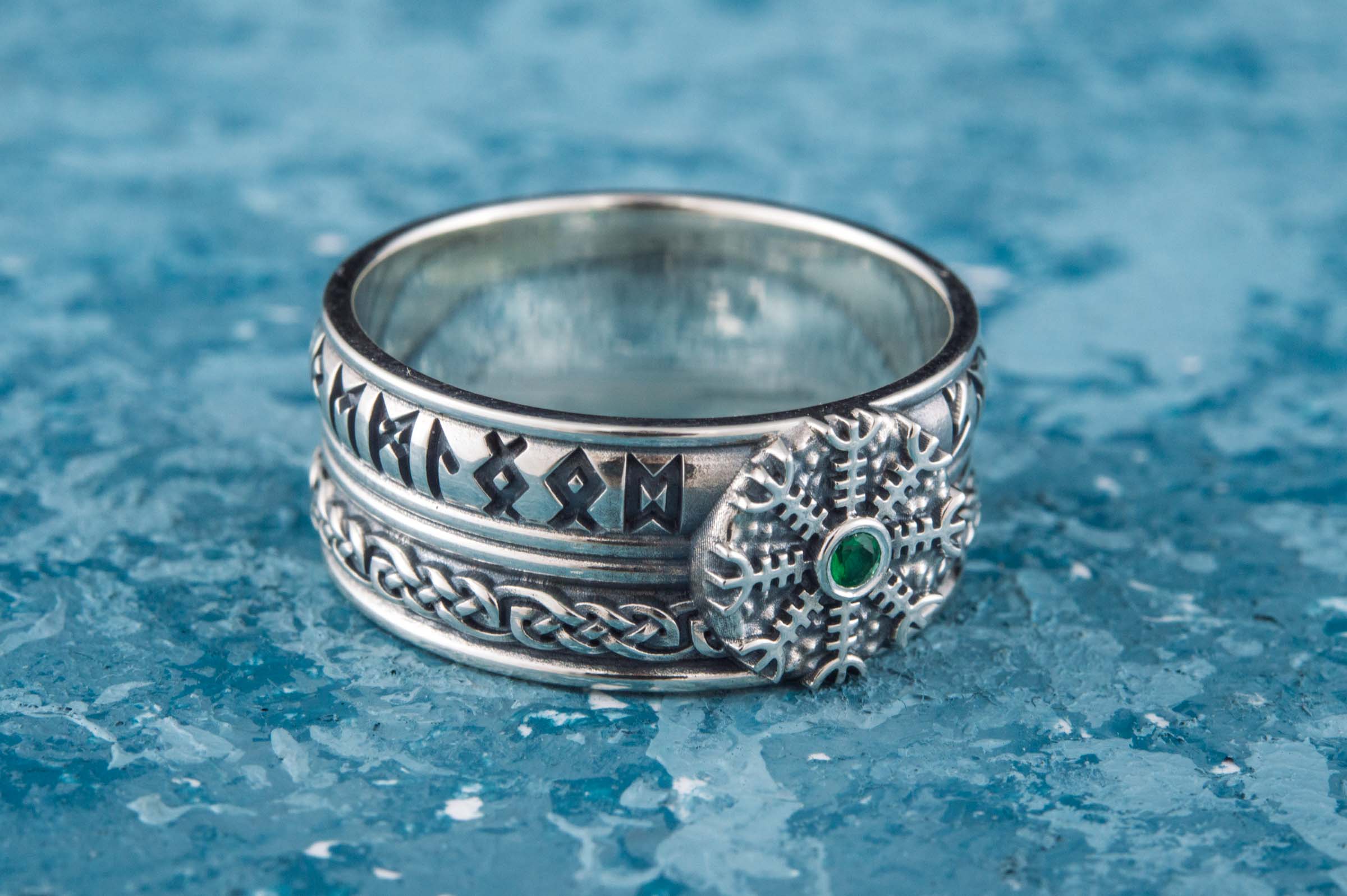 Helm of Awe Symbol with Runes Ornament and CZ Sterling Silver Viking Ring - vikingworkshop