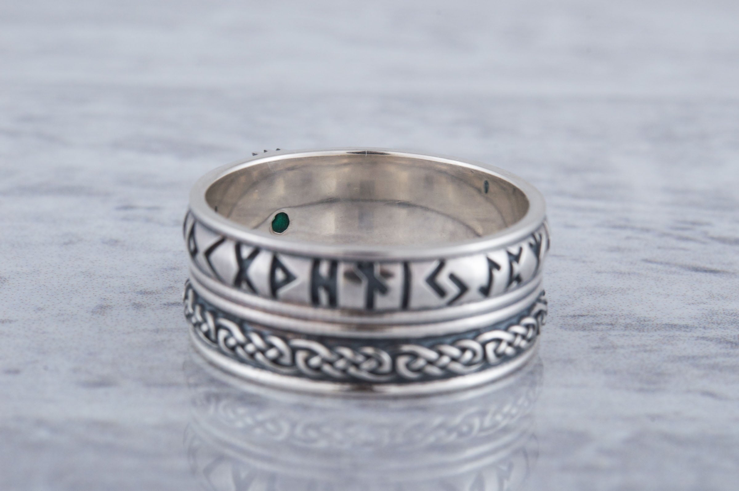 Helm of Awe Symbol with Runes Ornament and CZ Sterling Silver Viking Ring - vikingworkshop