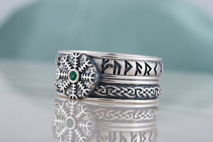 Helm of Awe Symbol with Runes Ornament and CZ Sterling Silver Viking Ring - vikingworkshop