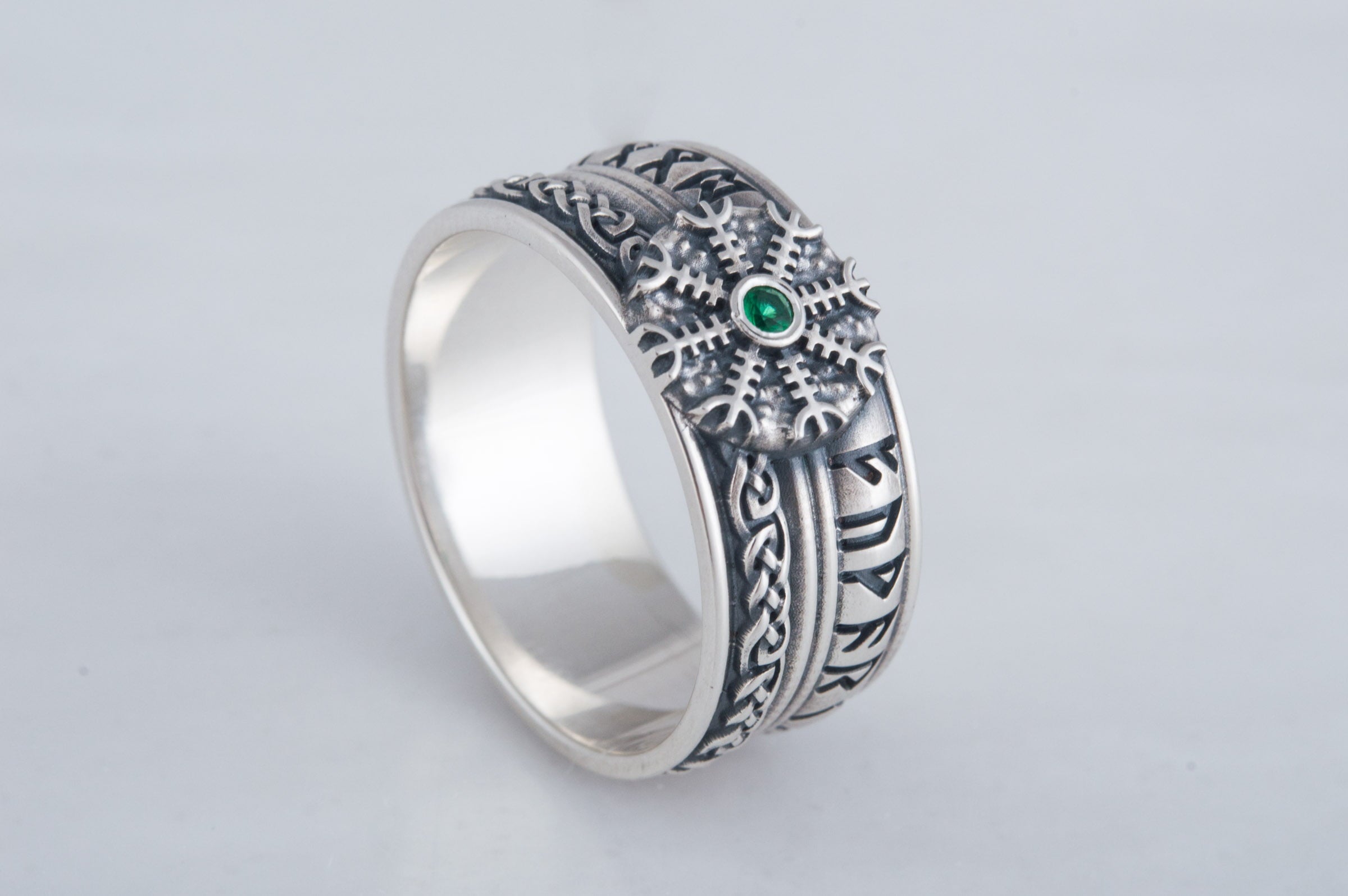 Helm of Awe Symbol with Runes Ornament and CZ Sterling Silver Viking Ring - vikingworkshop