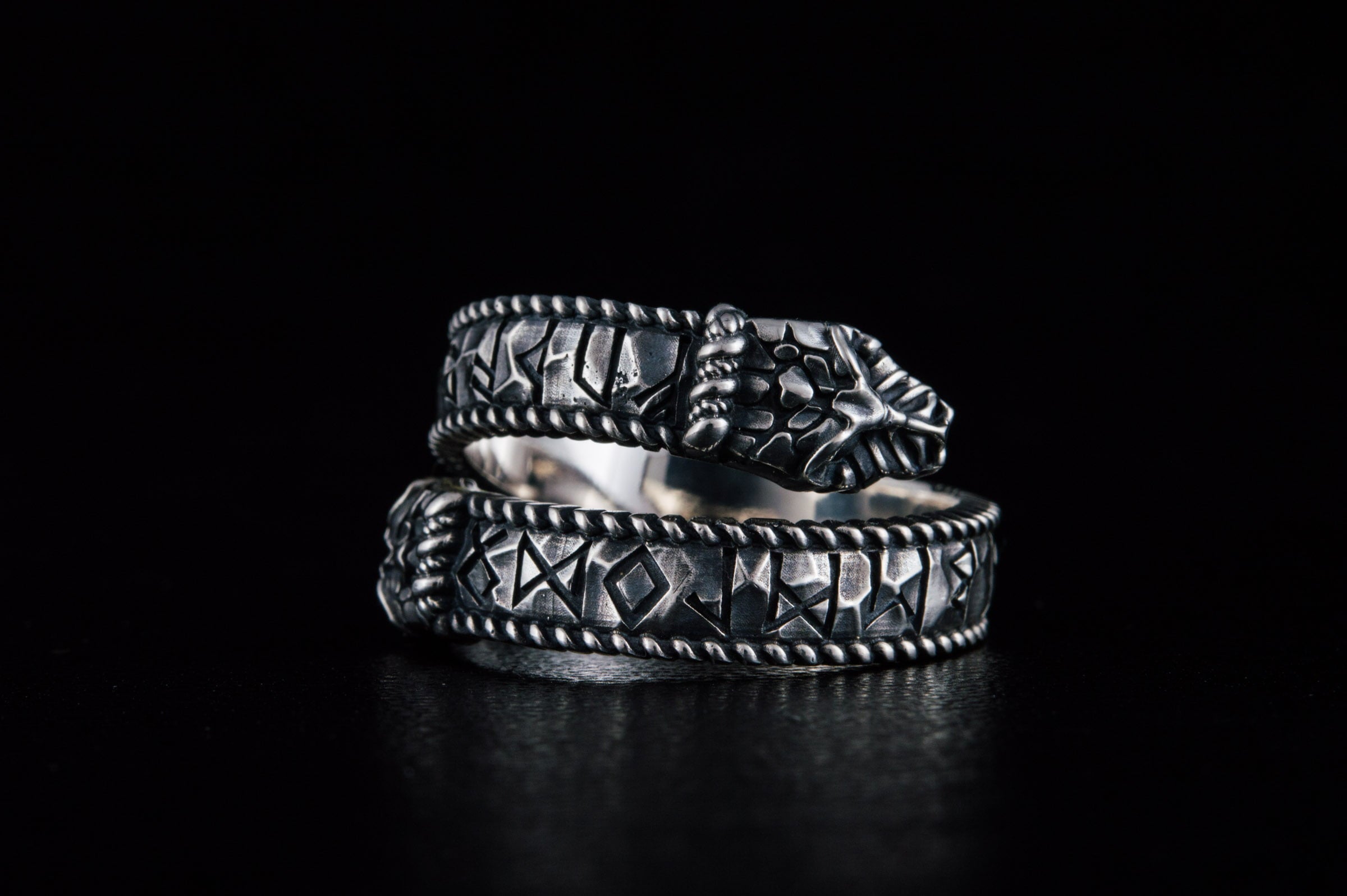 Ouroboros Ring with Runes Ornament Sterling Silver Norse Jewelry - vikingworkshop