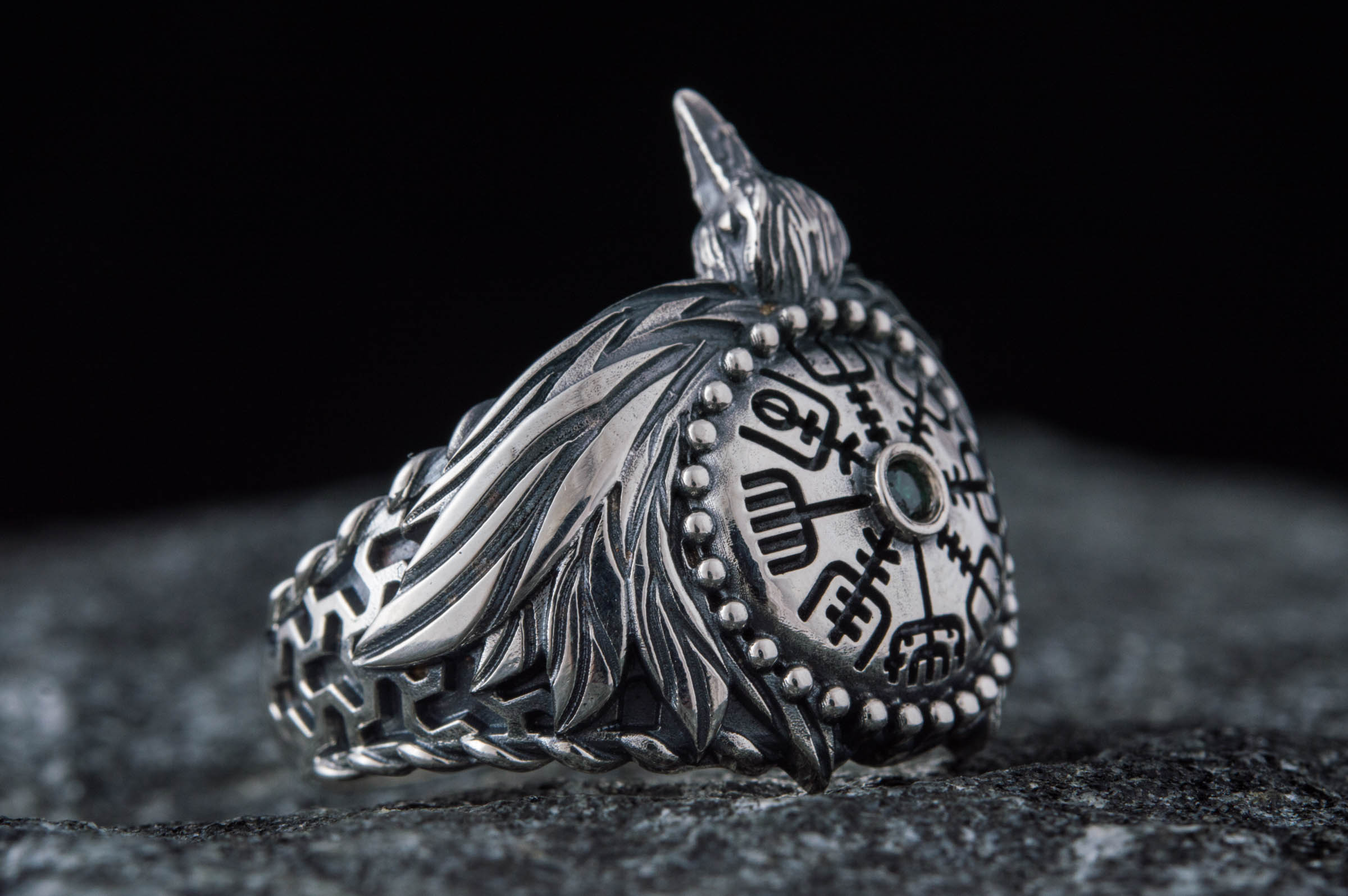 Odin Raven Ring with Vegvisir Symbol Sterling Silver Norse Jewelry - vikingworkshop