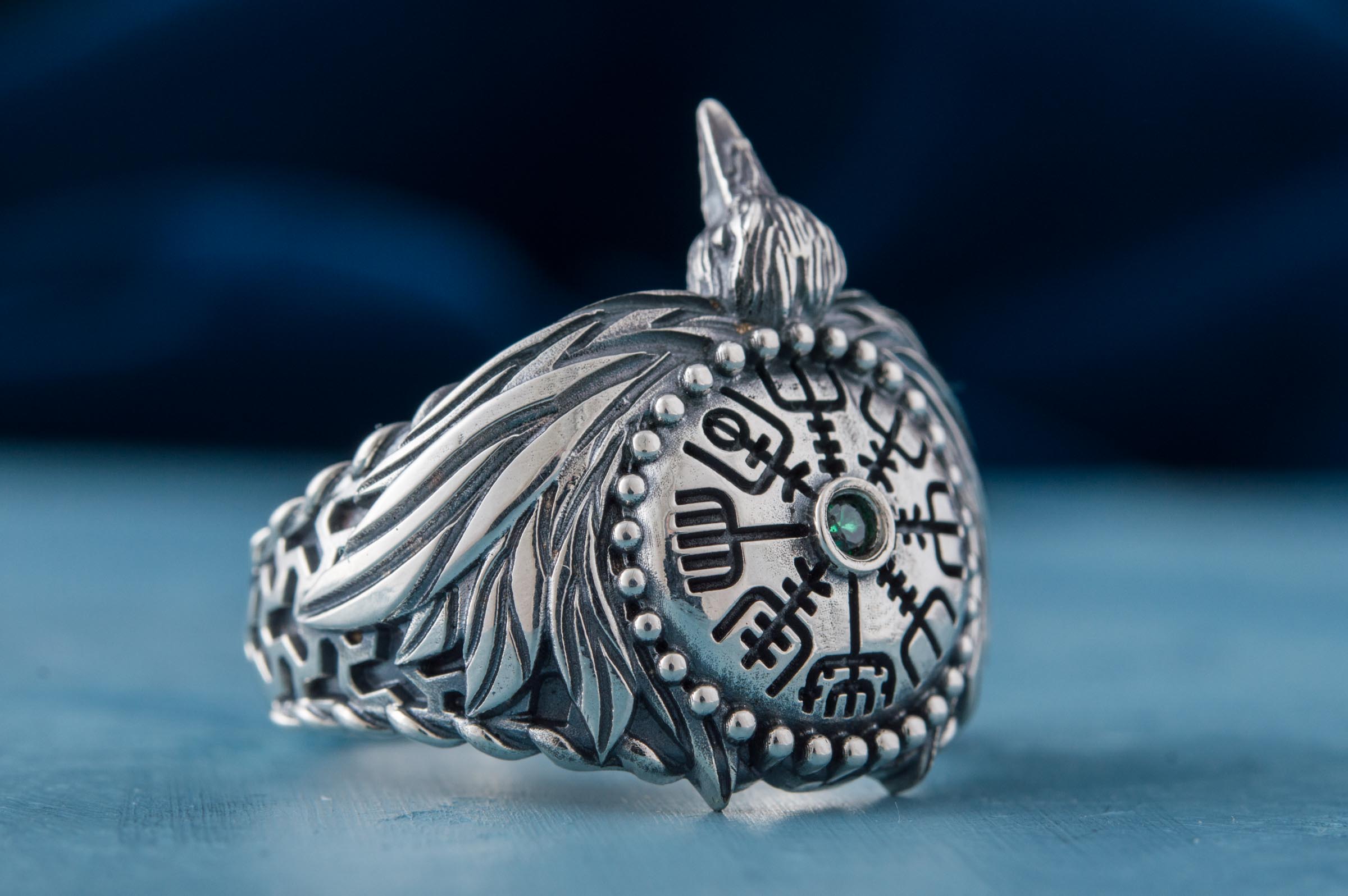 Odin Raven Ring with Vegvisir Symbol Sterling Silver Norse Jewelry - vikingworkshop