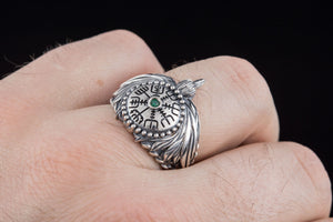 Odin Raven Ring with Vegvisir Symbol Sterling Silver Norse Jewelry - vikingworkshop