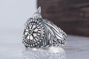 Odin Raven Ring with Vegvisir Symbol Sterling Silver Norse Jewelry - vikingworkshop