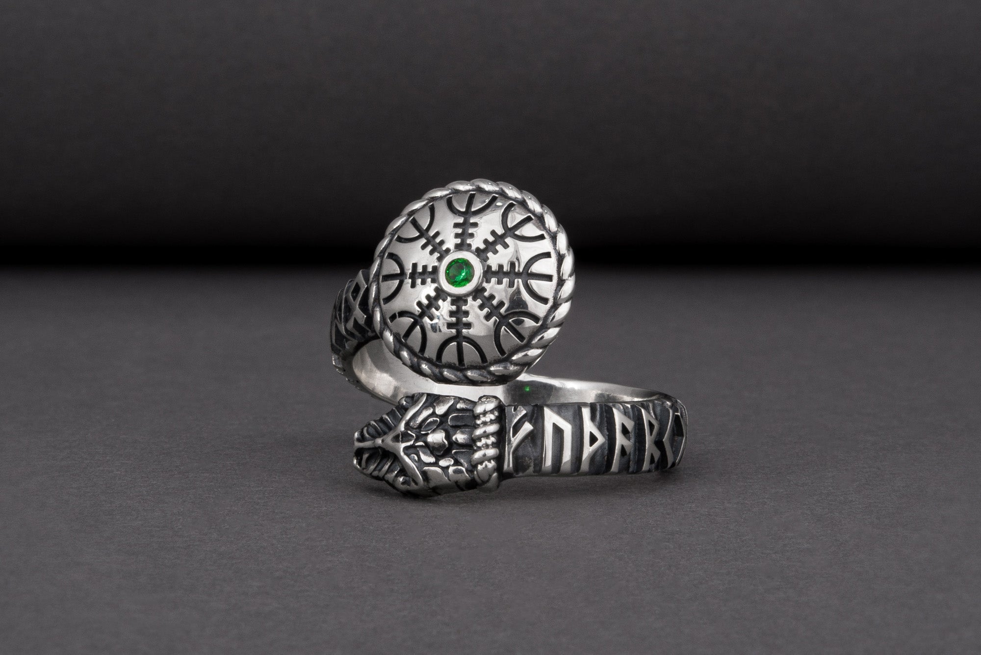 Snake 925 Silver Ring With Vegvisir And Green Gem, Handcrafted Jewelry - vikingworkshop