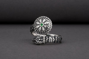 Snake 925 Silver Ring With Vegvisir And Green Gem, Handcrafted Jewelry - vikingworkshop