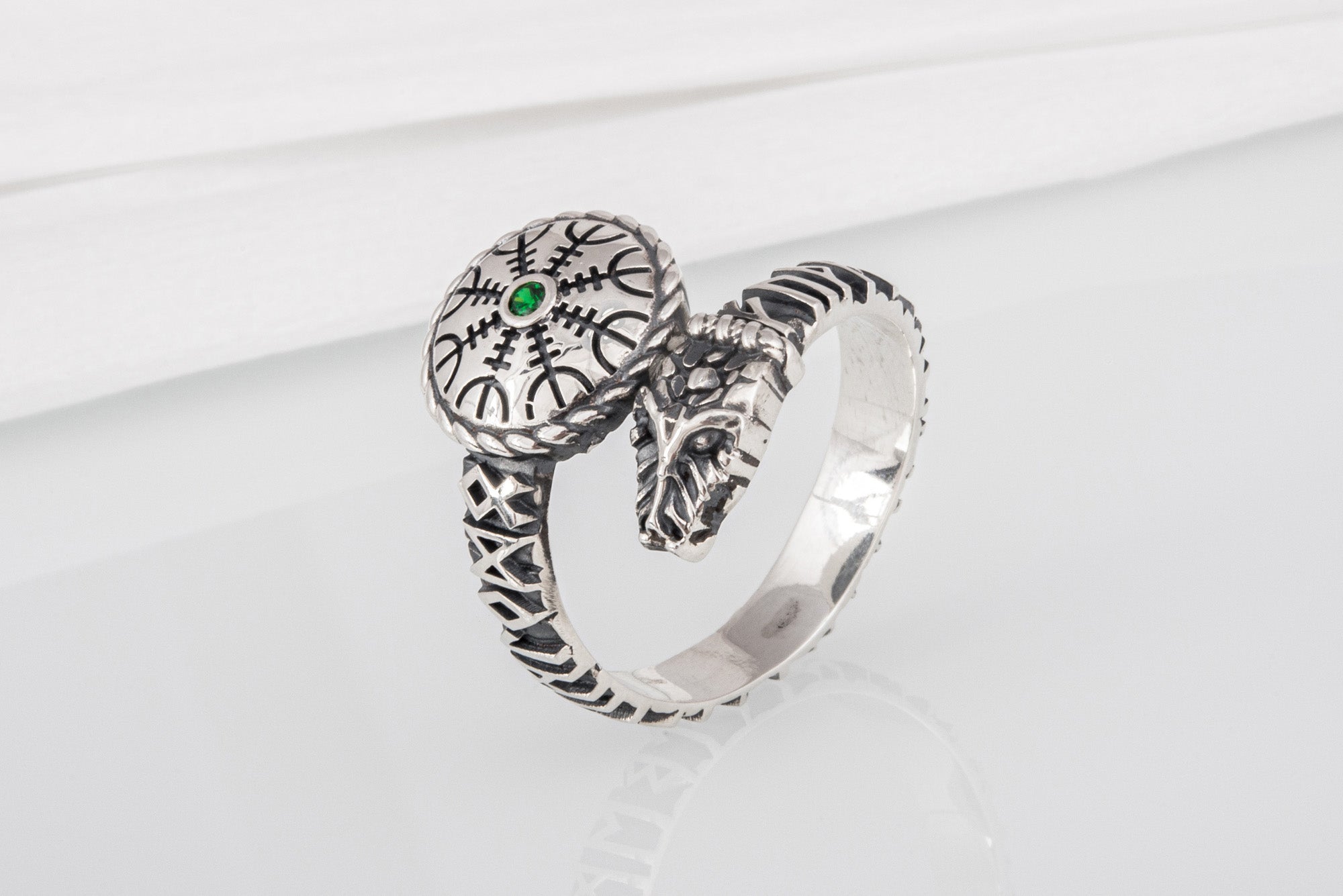 Snake 925 Silver Ring With Vegvisir And Green Gem, Handcrafted Jewelry - vikingworkshop