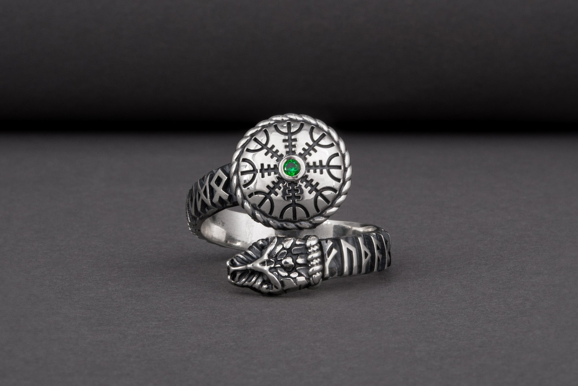 Snake 925 Silver Ring With Vegvisir And Green Gem, Handcrafted Jewelry - vikingworkshop