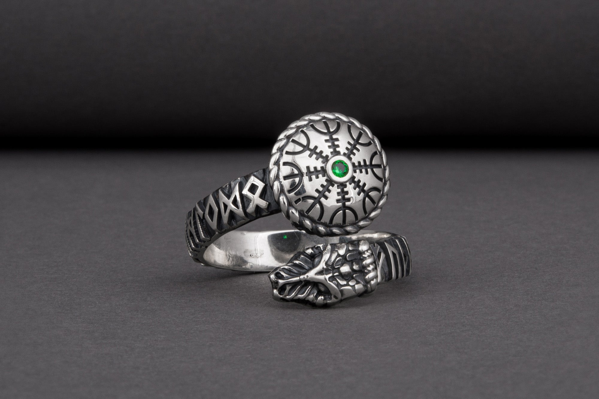 Snake 925 Silver Ring With Vegvisir And Green Gem, Handcrafted Jewelry - vikingworkshop