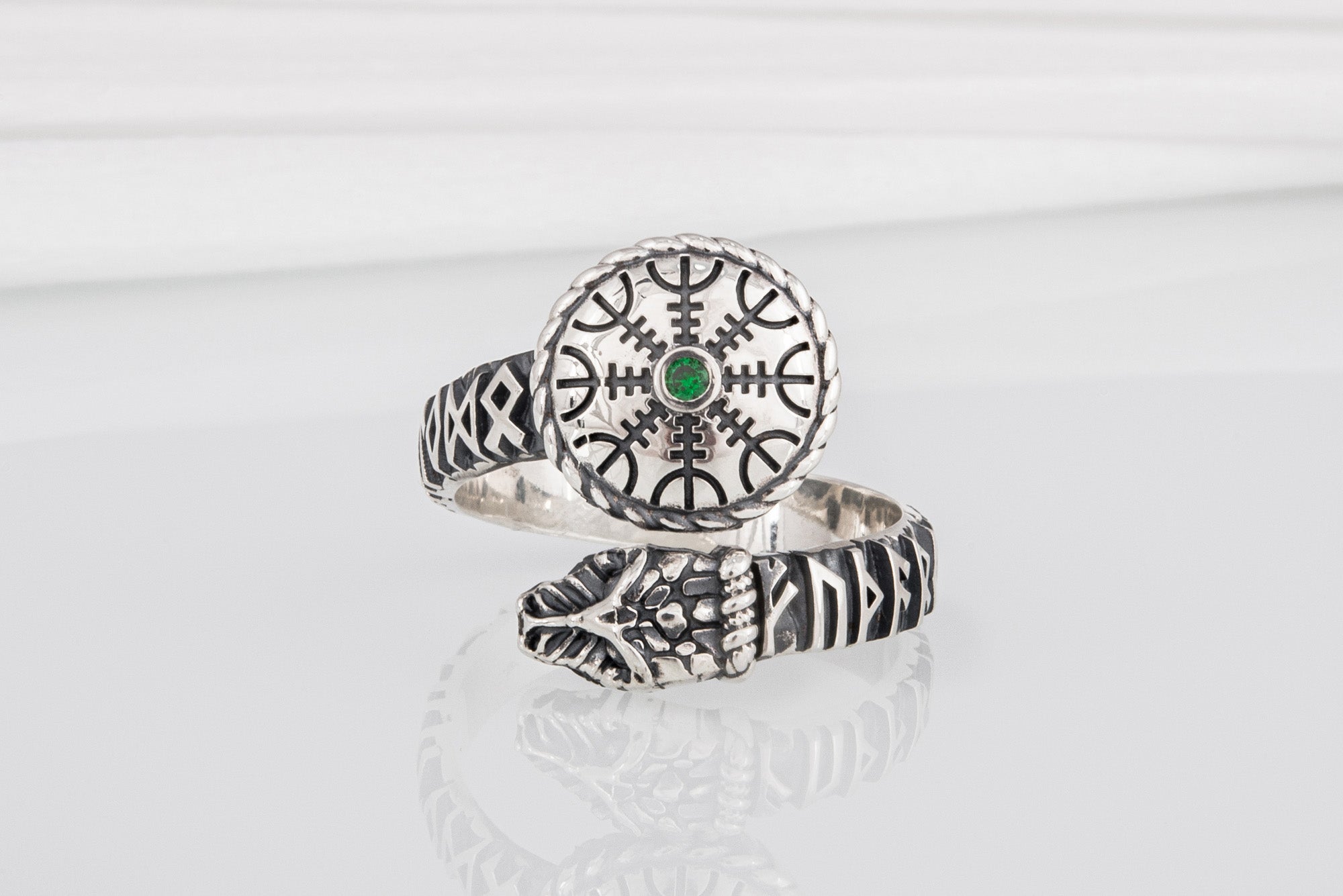 Snake 925 Silver Ring With Vegvisir And Green Gem, Handcrafted Jewelry - vikingworkshop