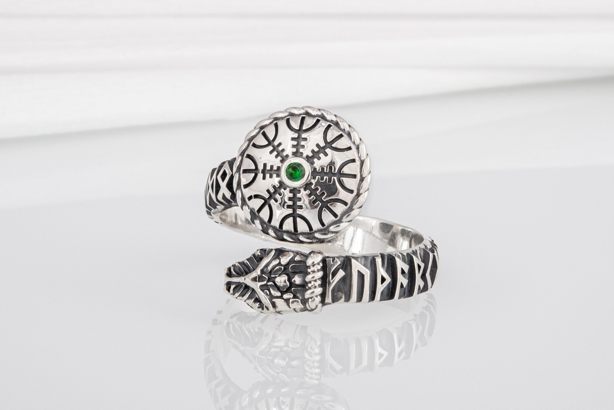 Snake 925 Silver Ring With Vegvisir And Green Gem, Handcrafted Jewelry - vikingworkshop