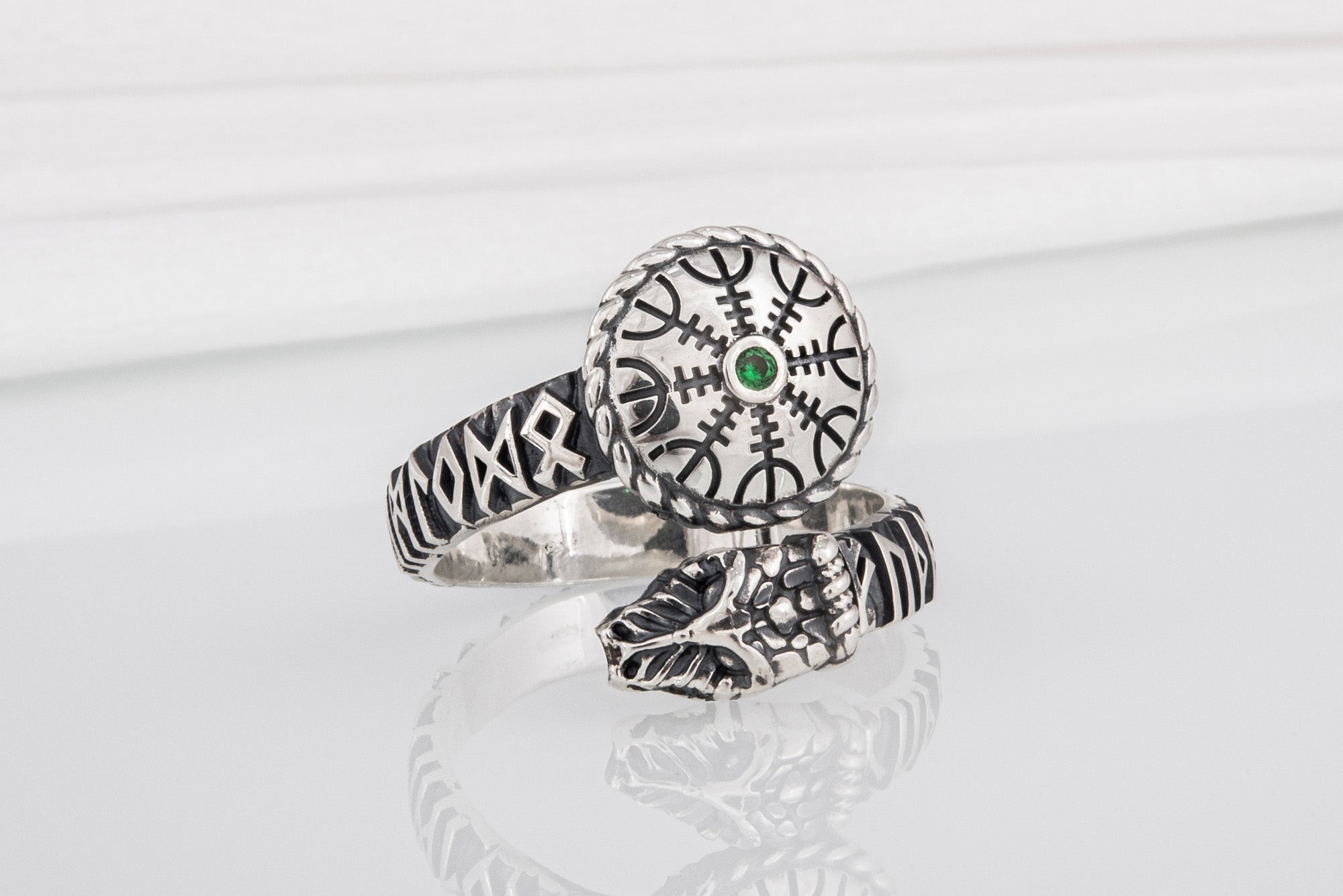 Snake 925 Silver Ring With Vegvisir And Green Gem, Handcrafted Jewelry - vikingworkshop