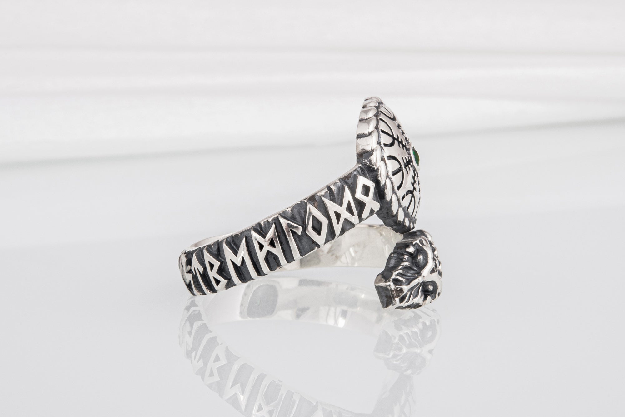 Snake 925 Silver Ring With Vegvisir And Green Gem, Handcrafted Jewelry - vikingworkshop