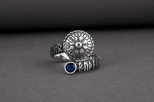 Vegvisir 925 Silver Norse Ring With Blue Gems, Handmade Jewelry - vikingworkshop